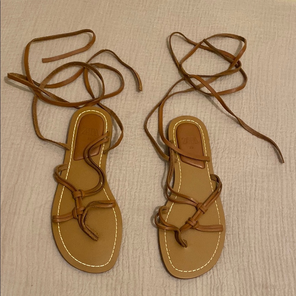 Zara Brown Leather Strappy Sandals. Size 39. New